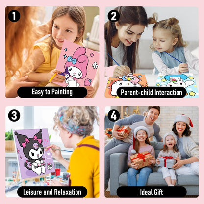Sretoul 4 Pack Cartoon Paint by Numbers Kit for Kids with Frame - Wooden Easel, Cute Kids Paint by Numbers Ages 4 8 12, DIY Acrylic Oil Painting for Home Wall Decor (8x8 inch)