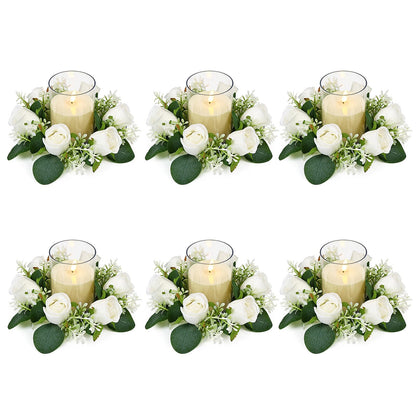 Acmee White Rose Candle Rings with Flameless Candles Sets - 12PCS Artificial Flower Eucalyptus Wedding Centerpiece 3 Inch Pillar Candleholders Wreaths for Wedding Party Decor (White - 6 Sets)