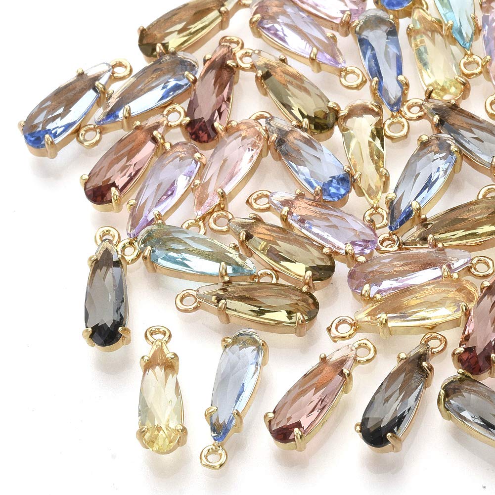 FASHEWELRY 50Pcs Teardrop Faceted Glass Pendants Mixed Colors Crystal Glass Dangle Oval Drop Bead Charms with Golden Open Back Settings for Jewelry Craft Making