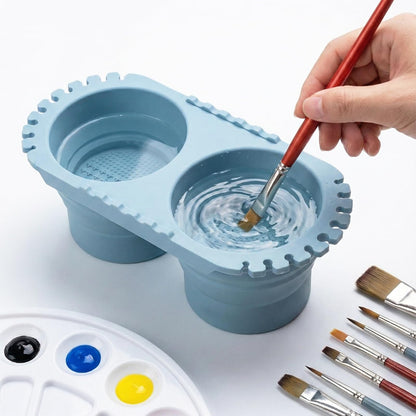 Lwuey Paint Brush Cleaner Cup - Foldable Silicone Brush Cleaning Rinse Cup with Dual Cleaning Compartments and Brush Holder, Portable Artist Travel Supplies Suitable for Acrylics, Watercolors