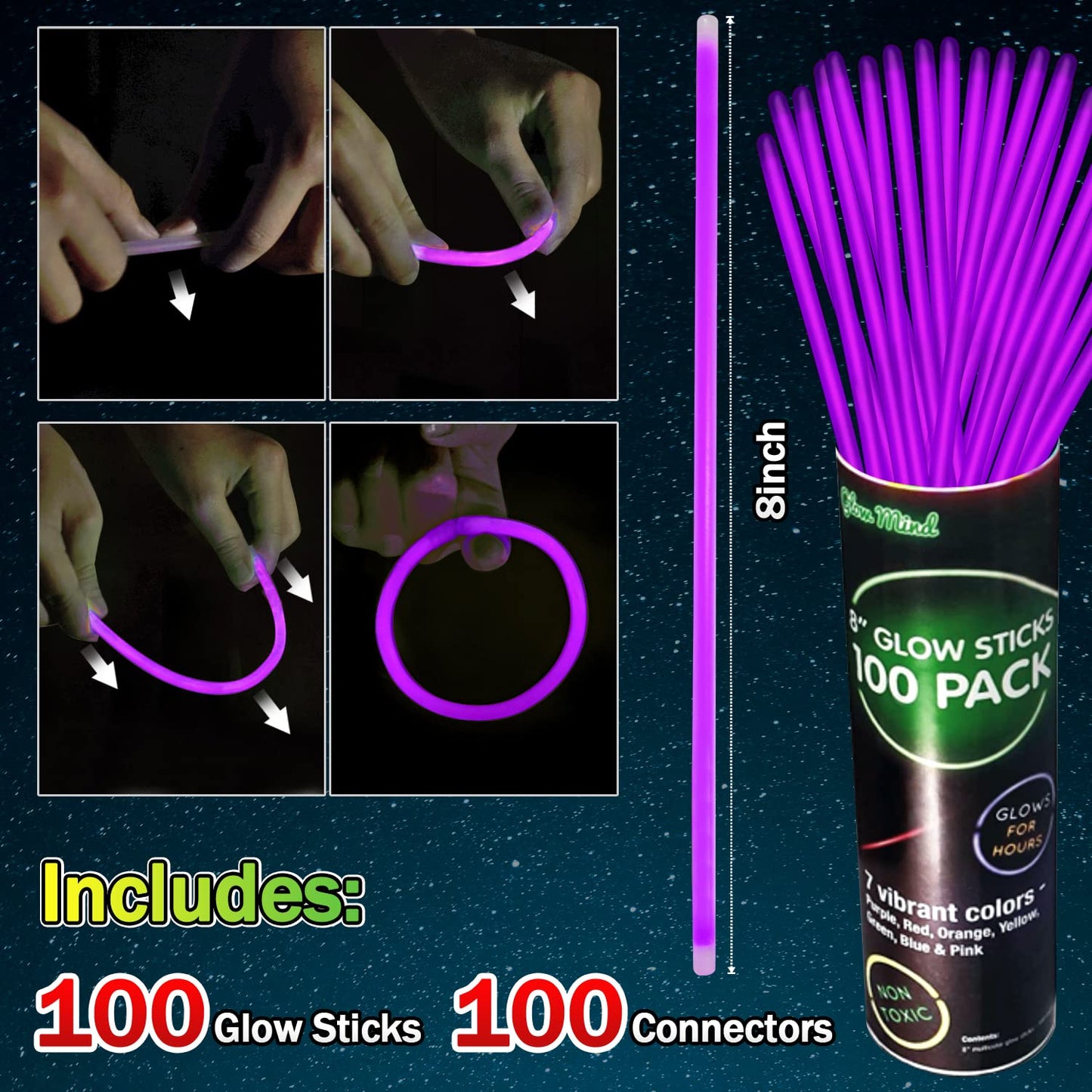 NUDALA 100 Pcs Purple Glow Sticks Bracelet Necklaces Bulk Glow in The Dark Party Supplies Easter Basket Stuffers 8” Light Stick with Connectors for Halloween Birthday Carnival