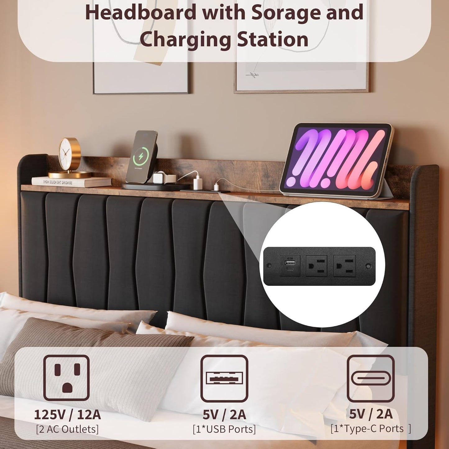 COZONY Modern Floating King Bed Frame with LED Lights, USB Charging Station, Upholstered Storage Headboard, Sturdy Wood Slats, No Box Spring Needed, Easy Assembly, Noise-Free, King-Black