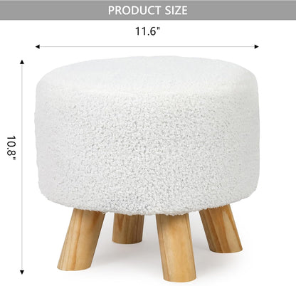 Homebeez Round Ottoman Stool Fabric Foot Rest, Faux Fur Small Footstool with Non-Skid Legs (Teddy White)