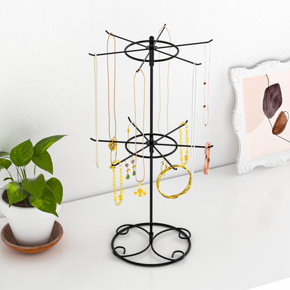 JHJFRAWY Jewelry Stand Organizer, 2-Tier Rotating Necklace Organizer, Spinning Jewelry Keychain Display Tree with 12 Hooks, Easy Assembly for Bedroom and Retail, Black