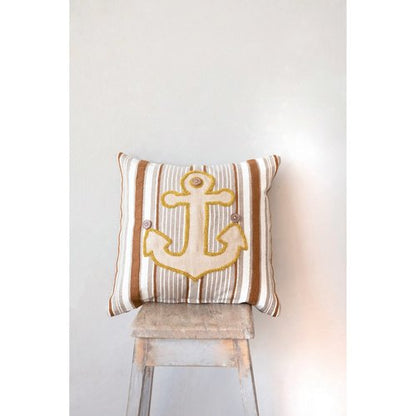 Creative Co-Op Woven Cotton Blend Appliqued Anchor Stripes and Wood Buttons Pillow, 18" L x 18" W x 2" H, Multicolor