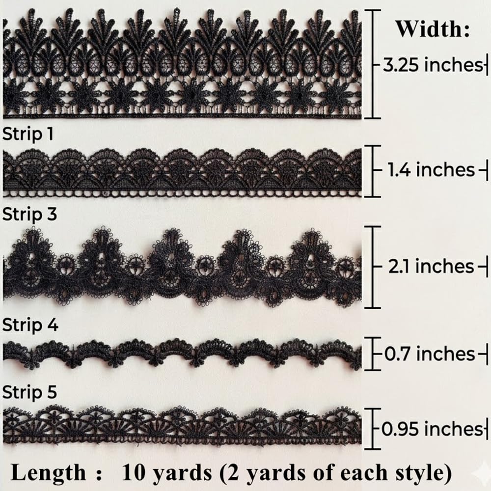 IDONGCAI 10 Yards Black Lace Trim Set for Sewing & Crafts – 5 Styles Lace Ribbon Bundle, Venise Lace Trim Elegant Lace Ribbon for Clothing Alterations & DIY Fashion(Black)