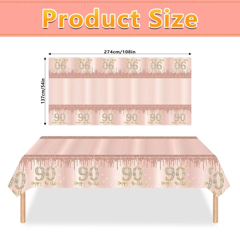 Poqirzan 2PCS Pink Rose Gold 90th Birthday Tablecloth 90th Birthday Table Cover Party Supplies Happy 90st Party Decorations for Women Plastic Disposable Gathering Table Cloth (54"x108")