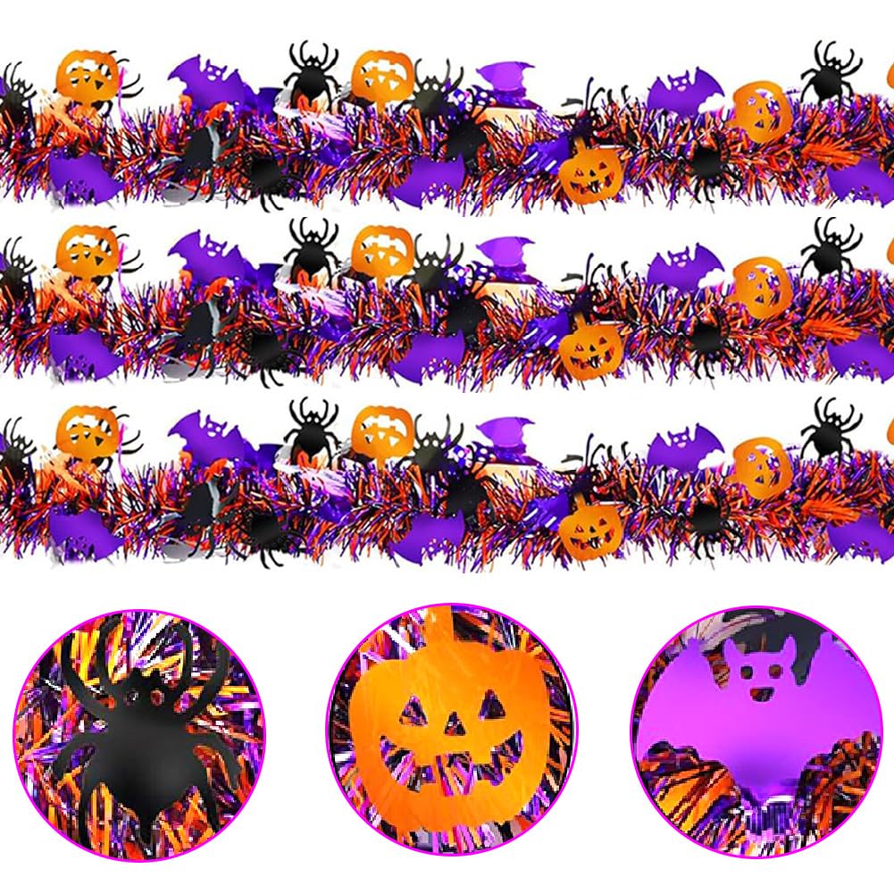 66 Ft Halloween Tinsel Garland with Orange Pumpkin Black Spider Purple Bat Glitter Tinsel Garland for Home Tree Ornaments Indoor Outdoor Party Halloween Decorations