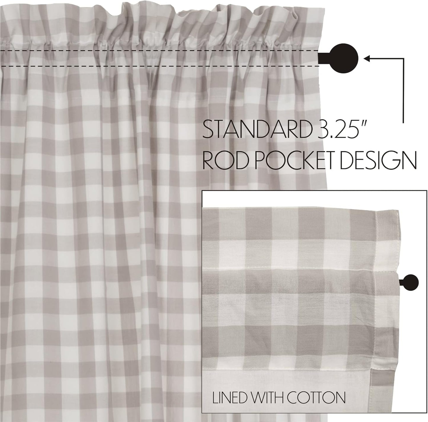 VHC Brands Annie Buffalo Check Farmhouse Kitchen Window Curtains, Lined Valance, 16x60, White & Grey