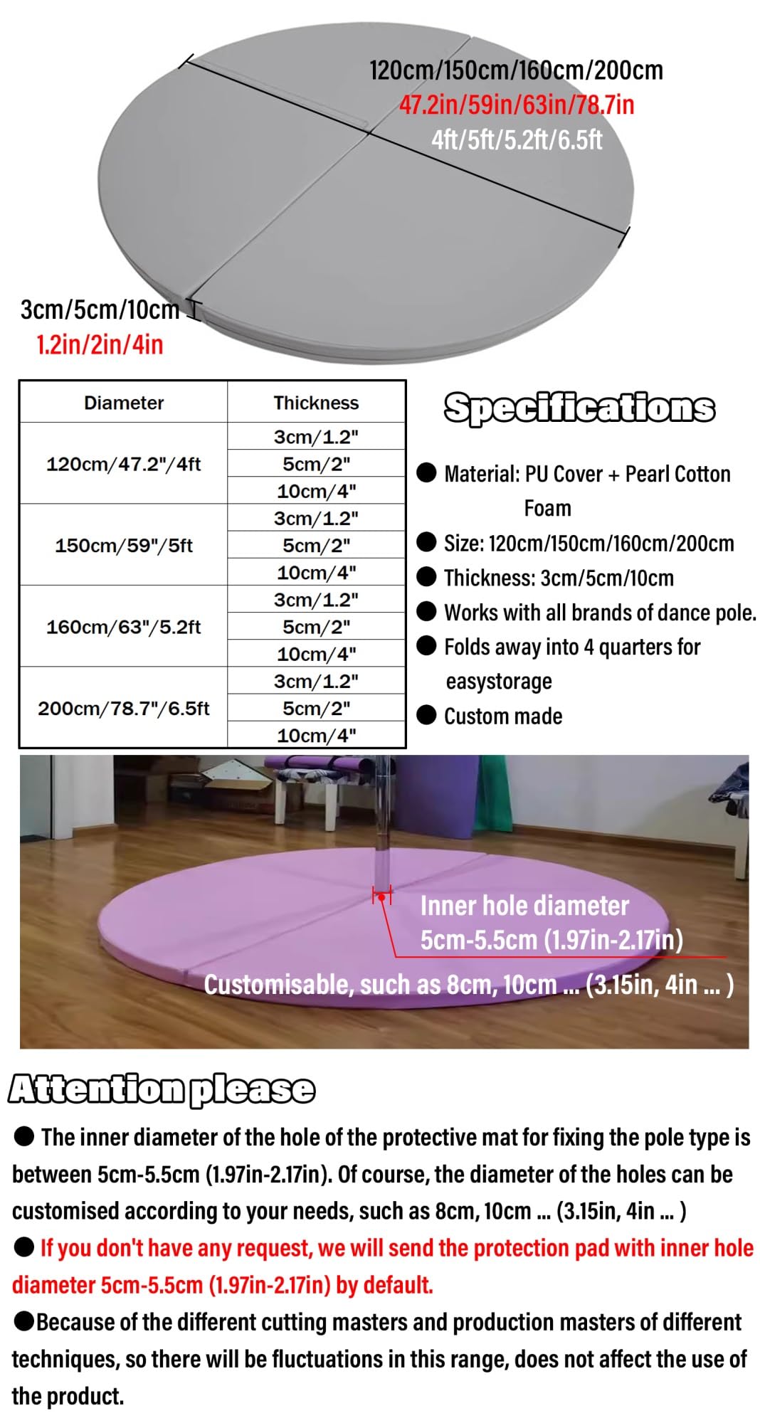 Purple Crash Mat for Pole Dancing, 3ft/3.5ft/4ft/4.5ft/5ft/5.5ft/6ft/6.5ft Large Round Folding Portable Pole Dance Crash Mat, 1.2in/2in/4in Thick Gymnastics Crash Landing Mat Pad ( Color : 180cm/5.9ft