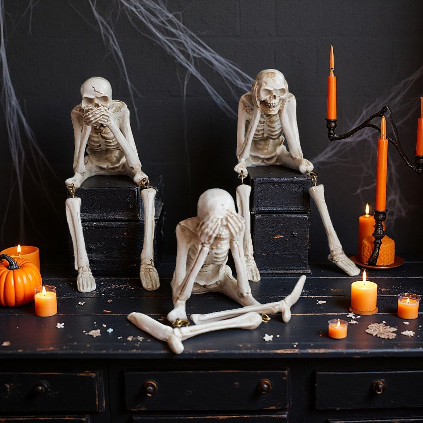 Arcticbird Set of 3 Halloween Skeleton Statues, See Speak Hear No Evil Halloween Skeleton Decorations, for Graveyard, Haunted House, Hallo-ween Decorations for Indoor and Outdoor