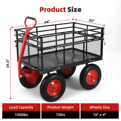 1400 LBS Steel Garden Yard Cart, Heavy-Duty Metal Garden Wagon Convertible 2-in-1 Handle and Removable Sides to Convert into Flatbed Lawn and Utility Wagons Cart