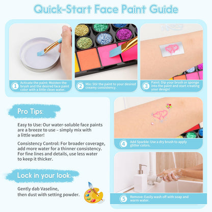 Pintada 42 Color Face Painting Kit for Party - Non Toxic Water Activated Face Paint Palette With Stencils, Brush, Gems. For Carnival, Halloween, Costume Makeup and Festivals & Events