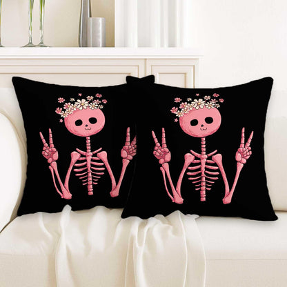 ZwenPdoe Skeleton Throw Pillow Covers 18x18 Set of 2 | Cute Pink Skull Decorative Cushion Covers with Hidden Zipper | Halloween Gothic Aesthetic Pillowcases for Couch Sofa Bedroom Decor