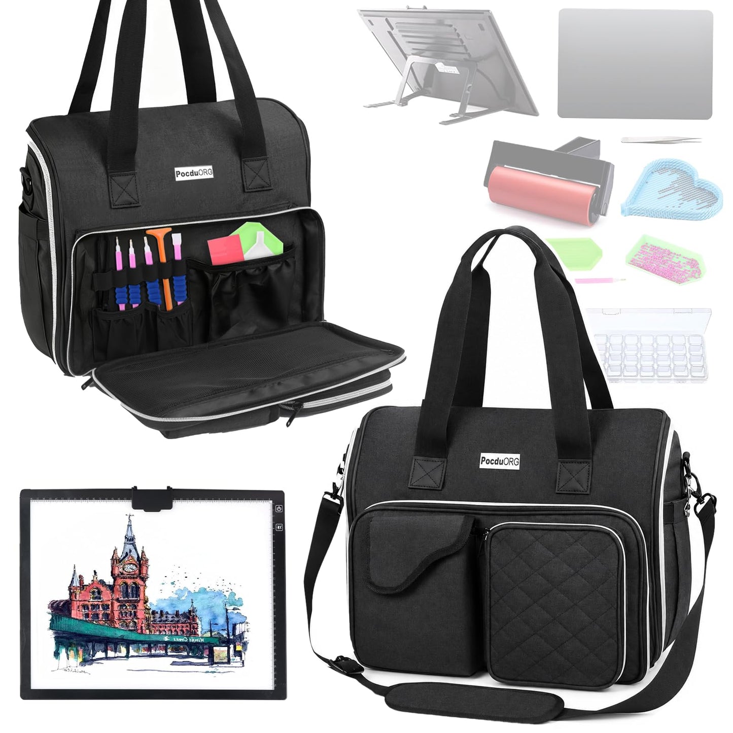 POCDUORG Portable A4 Light Pad Storage Bag for Diamond Painting Accessories, Tote Organizer Case with Multiple Pockets - Compatible with A4 Light Board, Art Supplies & Travel Carrying (Black S)