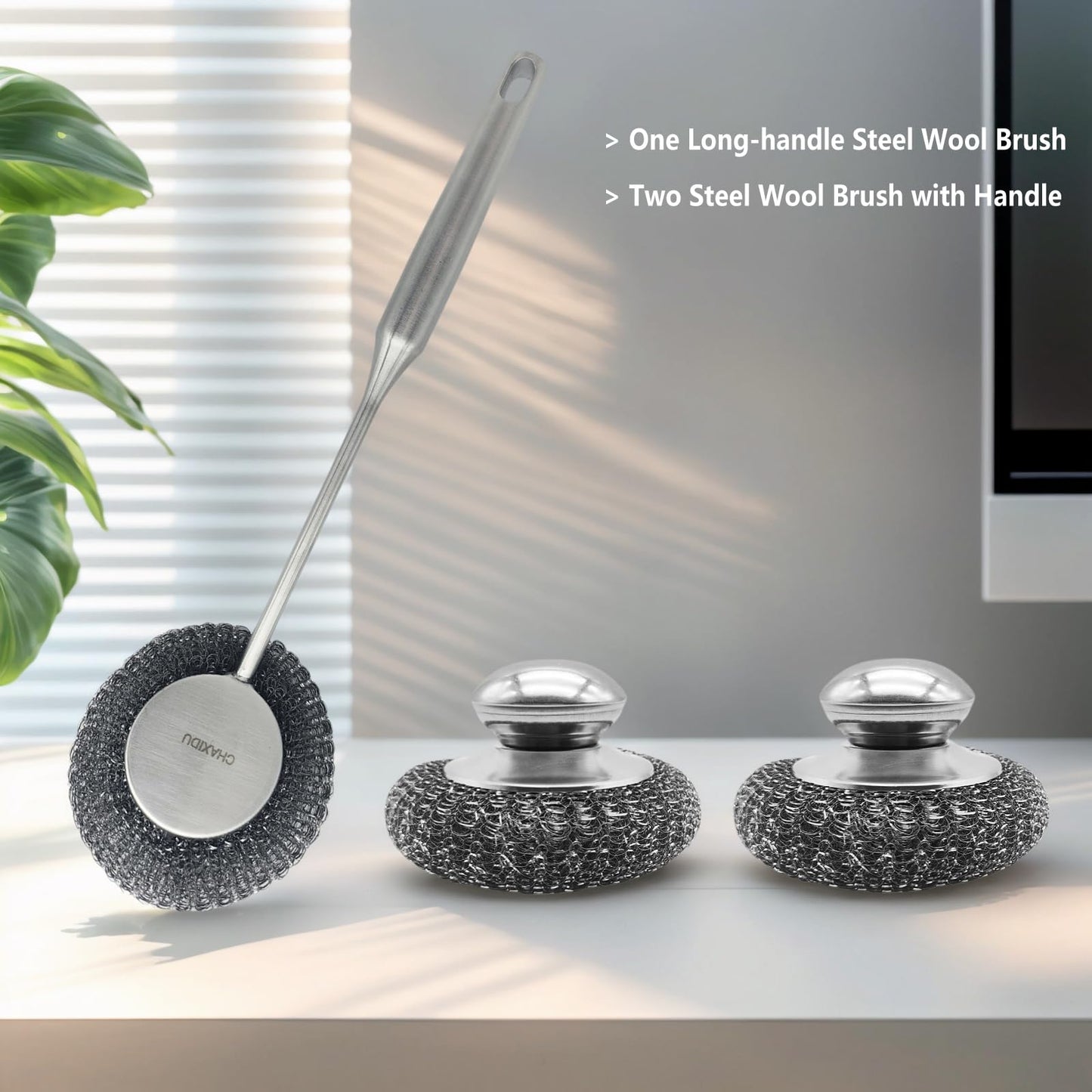 CHAXIDU Stainless Steel Wool Scrubber Set, Long Handle & Handle Brushes,Metal Brush for Pots, Pans, Grills & Cutlery Cleaning (3 Pack)