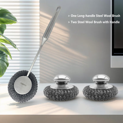 CHAXIDU Stainless Steel Wool Scrubber Set, Long Handle & Handle Brushes,Metal Brush for Pots, Pans, Grills & Cutlery Cleaning (3 Pack)
