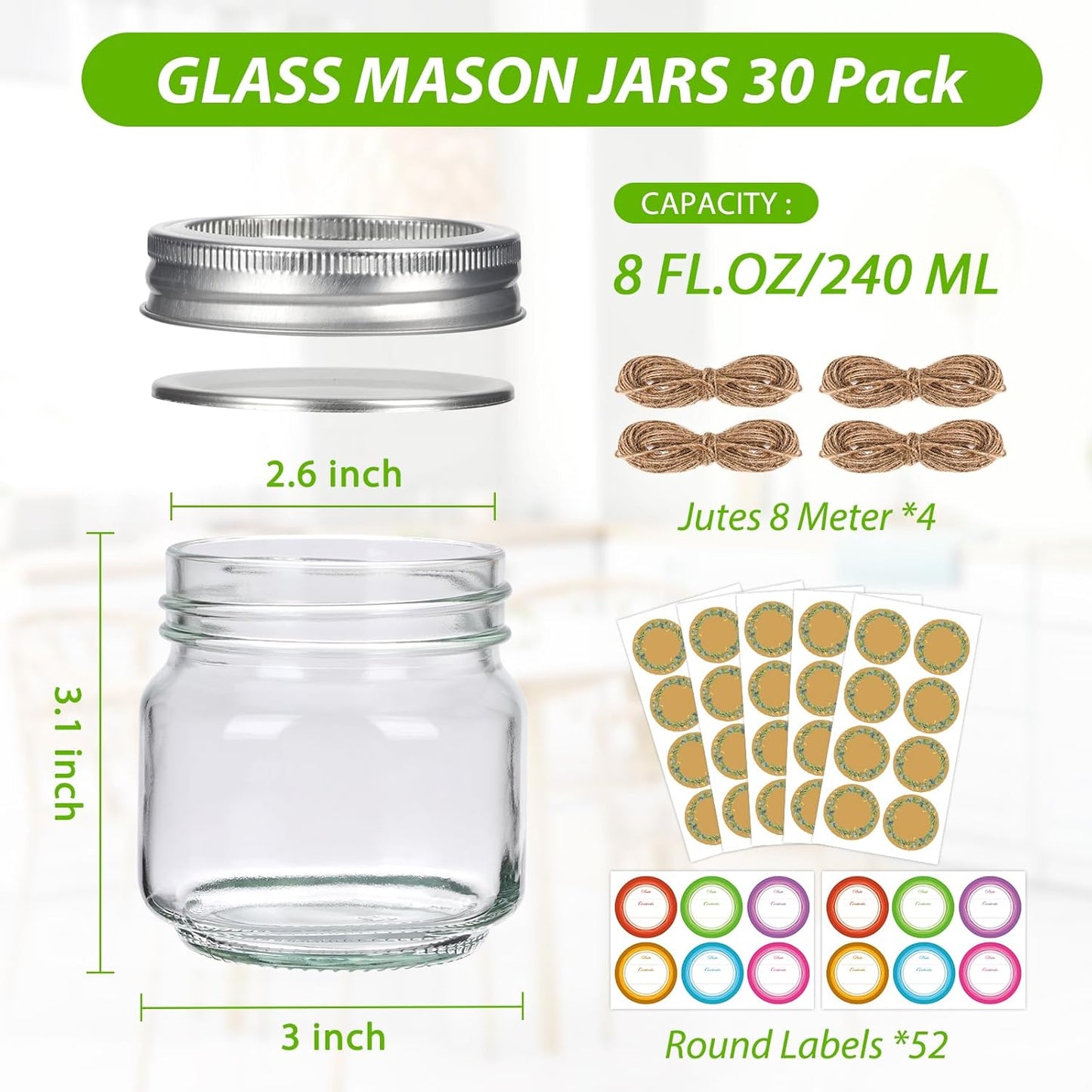 Homerove 8 oz 30 Pack 52 Mason Jars Small Canning Jars with Airtight Lids & Bands for Jam, Jelly, Honey, Pickles