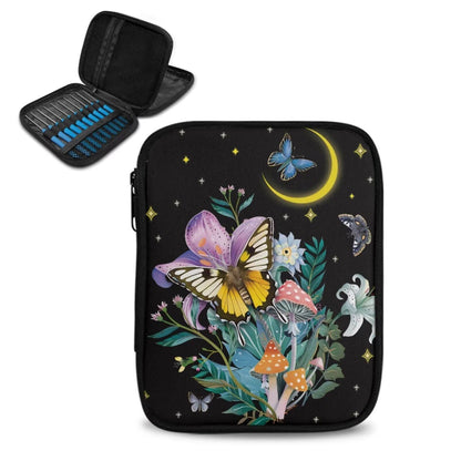 Twousenru Fashionable Butterfly Mushroom Crochet Hook Case Portable Knitting Needle Case with Web Pockets Swing Crochet Hooks Accessories Easy to Take