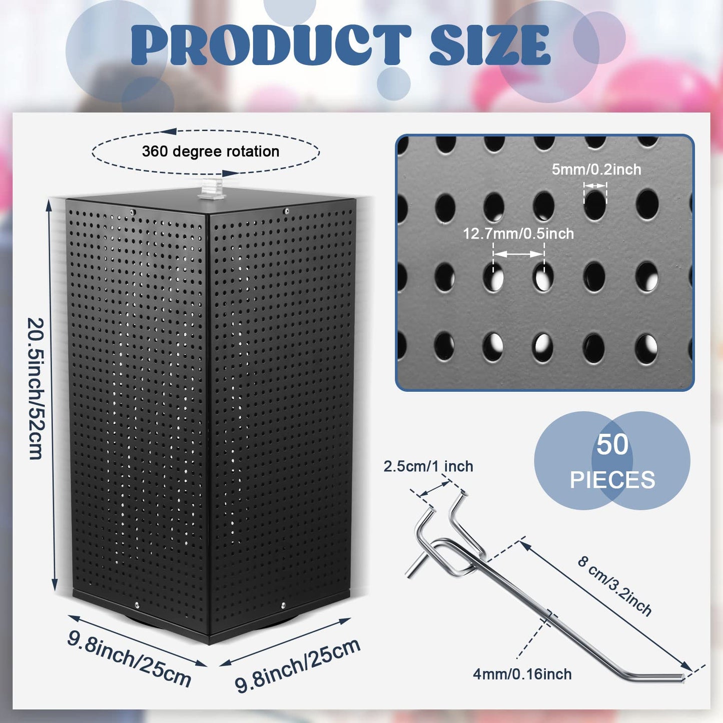 Geelin Metal Pegboard Display with Pegboard Hooks, 9.8 x 9.8 x 20.5 In Rotating Display Stand Display Racks for Craft Shows Pegboard Organizer with Peg Hooks for Jewelry Organizing Retail (Black)