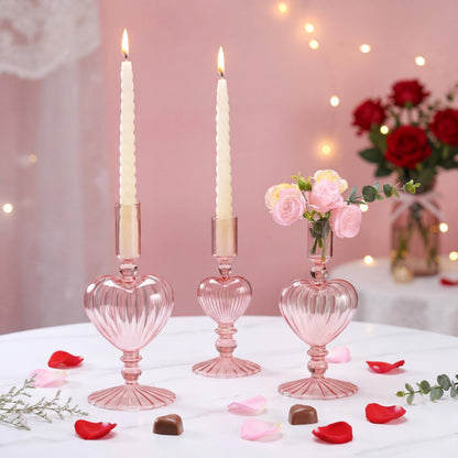 Maxdot 3 Pcs Valentine's Day Pink Glass Candle Holders Pink Heart Glass Taper Candle Holders Heart Candlestick Vase Decor for Valentines Wedding Receptions Festival Party Table Centerpieces Decoration