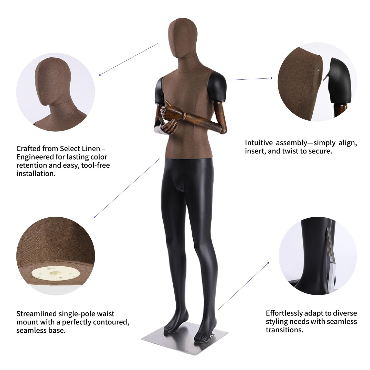 Male Mannequin with Articulated Wood Arms, Premium Fiberglass Dress Form with Linen Torso, Heavy Duty Stainless Steel Base, Flexible Display Dummy for Retail Store & Tailoring(Brown,Straight Leg)
