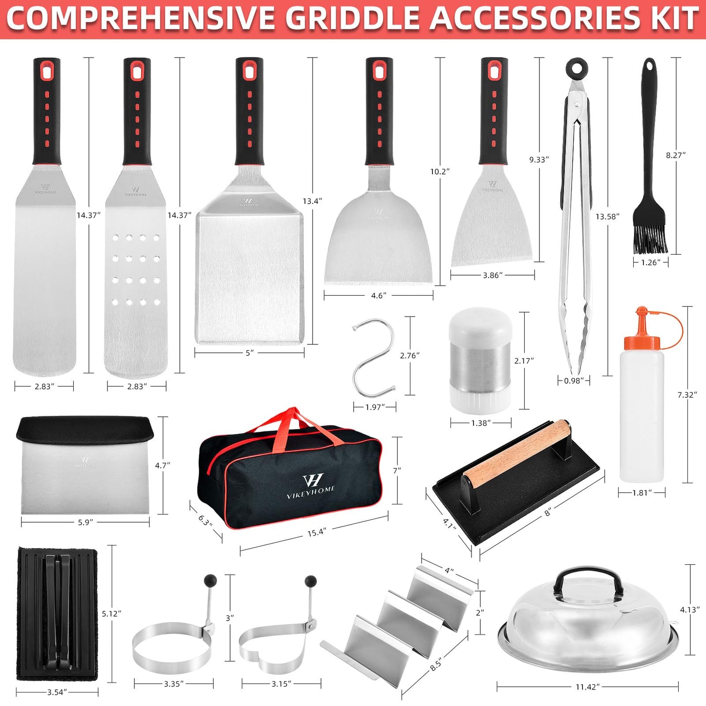 VIKEYHOME Griddle Accessories Kits, 30 Pcs Griddle Grill Tools Set, Professional Grill BBQ Spatula Set with Basting Cover, Spatula, Scraper, Bottle, Tongs, Egg Ring