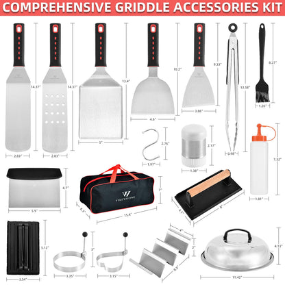 VIKEYHOME Griddle Accessories Kits, 30 Pcs Griddle Grill Tools Set, Professional Grill BBQ Spatula Set with Basting Cover, Spatula, Scraper, Bottle, Tongs, Egg Ring