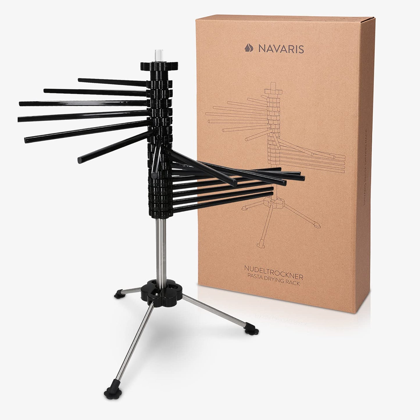 Navaris Collapsible Pasta Drying Rack - Tall Compact Spaghetti Noodle Stand with 16 Plastic Rods - Fresh Pasta Making Accessories - up to 2 kg (4.5 lbs) - Black