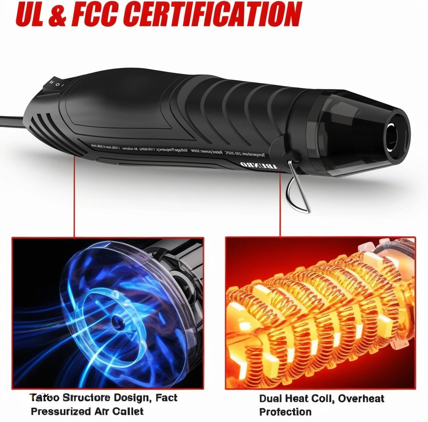 Heat Gun, Uptdae Version 110V 300W Mini Handheld Hot Air Gun with 6.6ft Cable, Portable Heat Gun For Crafting, Embossing, Shrink Wrapping PVC, Drying Paint, Clay, Rubber Stamp