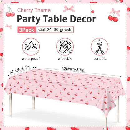 3pcs Cherry Birthday Decorations Tablecloths, Large Size Cherry and Bows Birthday Decorations Table Cloth for Cherries Themed Party, 54 x 108 Inch