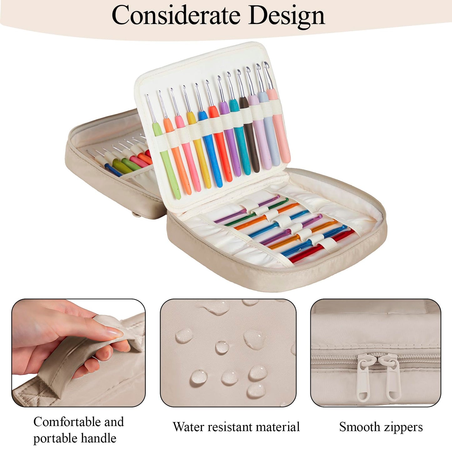 Crochet Hook Case, Lightweight Crochet Hook Organizer with Clear Zipper Pockets, Crochet Hook Holder for Knitting Needle Storage, Gift for Women and Crochet Enthusiasts (Light Brown)