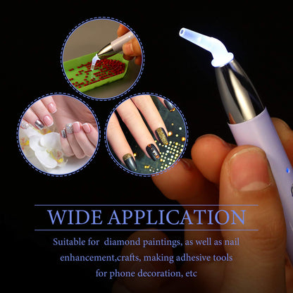 Zonon 2 Pieces LED Diamond Painting Pen 5d USB Rechargeable Lighting Point Drill Pen with 10 Head and 20 Glue Clay for DIY Handicraft(Green, Purple)