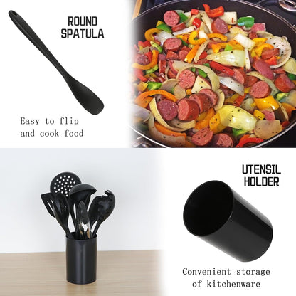 Silicone Kitchen Utensils Set of 10 for Cooking, Nonstick Cookware, Includes Slotted Turner, Soup Ladle, Tongs & Holder