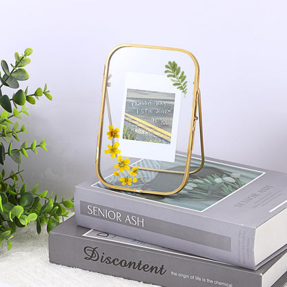 OGANAZI 4x6 Inch Double Glass Pressed Flower Frame - Golden Floating Frames for Dried Flowers, Art, Photos | Vintage Pressed Flower Frame Tabletop Display Holder for Home Plant Specimen (Oblong Shape)
