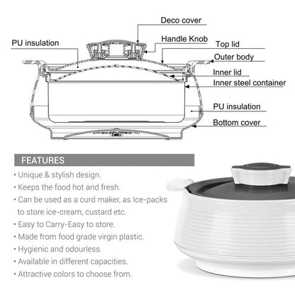 Milton Casserole for Hot Food, Double Walled Insulated Inner Stainless Steel Hot Pot with Lid, Serving box for Food and Roti, Serving Bowl, Set of 3 (Size 62, 45, 28 oz) Venice, Micro White