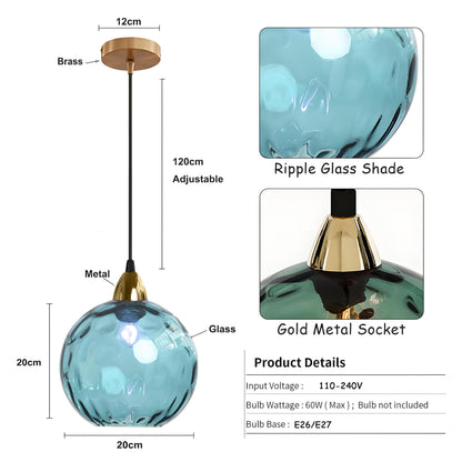 XIRYTU-H 20cm/7.9’’ Industrial Vintage Spherical Glass Pendant Light, E26 Ceiling Hanging Lamp, Gold Finish & Ripple Glass Globe Shade, Dining Room Bedroom Chandelier (Azure Blue)
