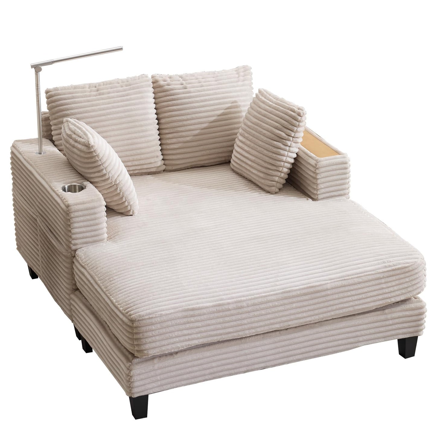 AEDI Oversized Chaise Lounge Chair with Reading Light & USB Charging,Sleeper Sofa with Cup Holder, Solid Wood Frame,for Living Room,Bedroom(Corduroy Beige)