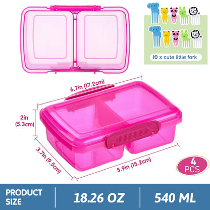 Greentainer 4 Pack Snack Containers with Lids for Kids, 2 Compartment Reusable Bento Lunch Box with Cute Forks, Divided BPA-Free Plastic Food Storage & Meal Prep for School, Travel, Fruits & Snacks