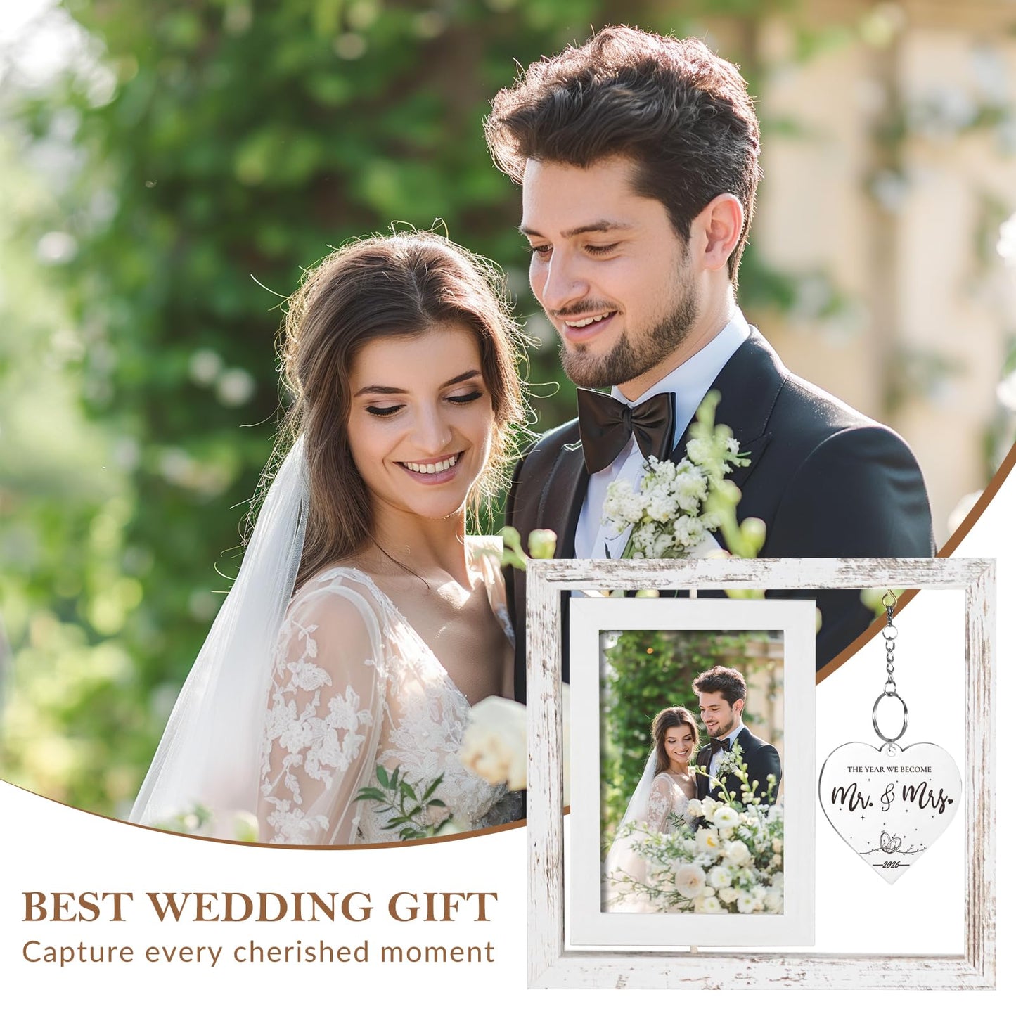 PIKPEOD Wedding Gifts for Couples 2026, Engagement Gifts for Couples, Personalized Mr and Mrs Wedding Gift for Newlyweds, Bridal Shower Gift for Bride to Be, Rotating Floating Wedding Picture Frame 4x6