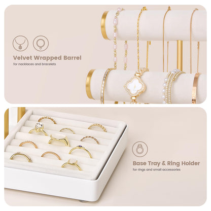 Lolalet Bracelet Display Stand Necklaces Holder, 5 Tiers Jewelry Organizer and Storage Rack with Velvet Slot and Metal Base, for Women Bangles Watches Ring Earrings -White