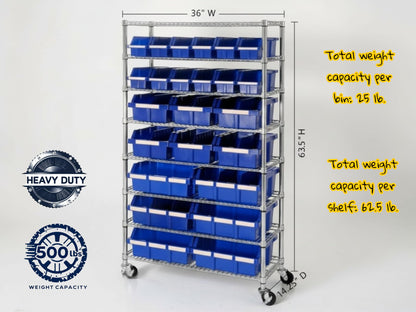 24-Bin Rolling Rack, Mobile Wire Shelving Unit with Blue Storage Bins, 8-Tier Chrome Cart, 36" W x 14.25" D x 63.5" H
