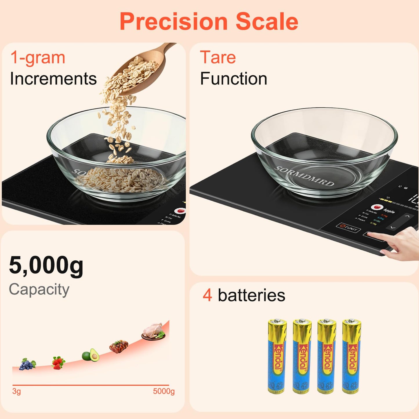 Smart Kitchen Food Scale with Nutritional Calculator, Calorie Fat Carbs Protein Tracker, Free App, Barcode Scan, Food Preload, On-Screen Nutrient Display, Personal Goals, 11 lb / 5 kg