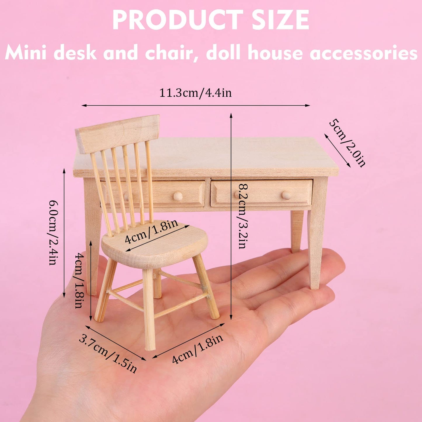 Haomian 1/12 Scale Miniature Wooden Dollhouse Furniture Set Desk and Chair Rustic Light Brown Dollhouse Furniture with Openable Drawers for Kids Role Play DIY Decor Photography Props