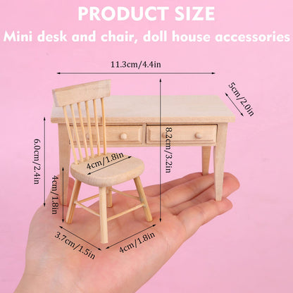 Haomian 1/12 Scale Miniature Wooden Dollhouse Furniture Set Desk and Chair Rustic Light Brown Dollhouse Furniture with Openable Drawers for Kids Role Play DIY Decor Photography Props