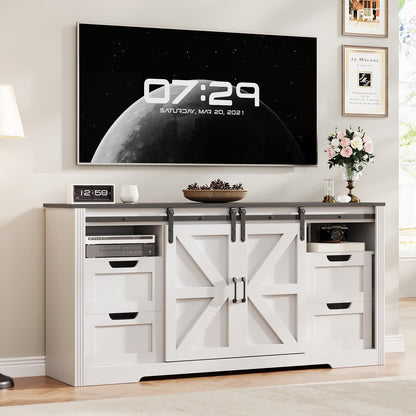 GarveeHome Farmhouse TV Stand for Up to 70 Inch TVs, 66" Entertainment Center w/4 Drawers & Sliding Barn Door, Media Console w/Storage Shelves, Wood Television Stand for Living Room- White