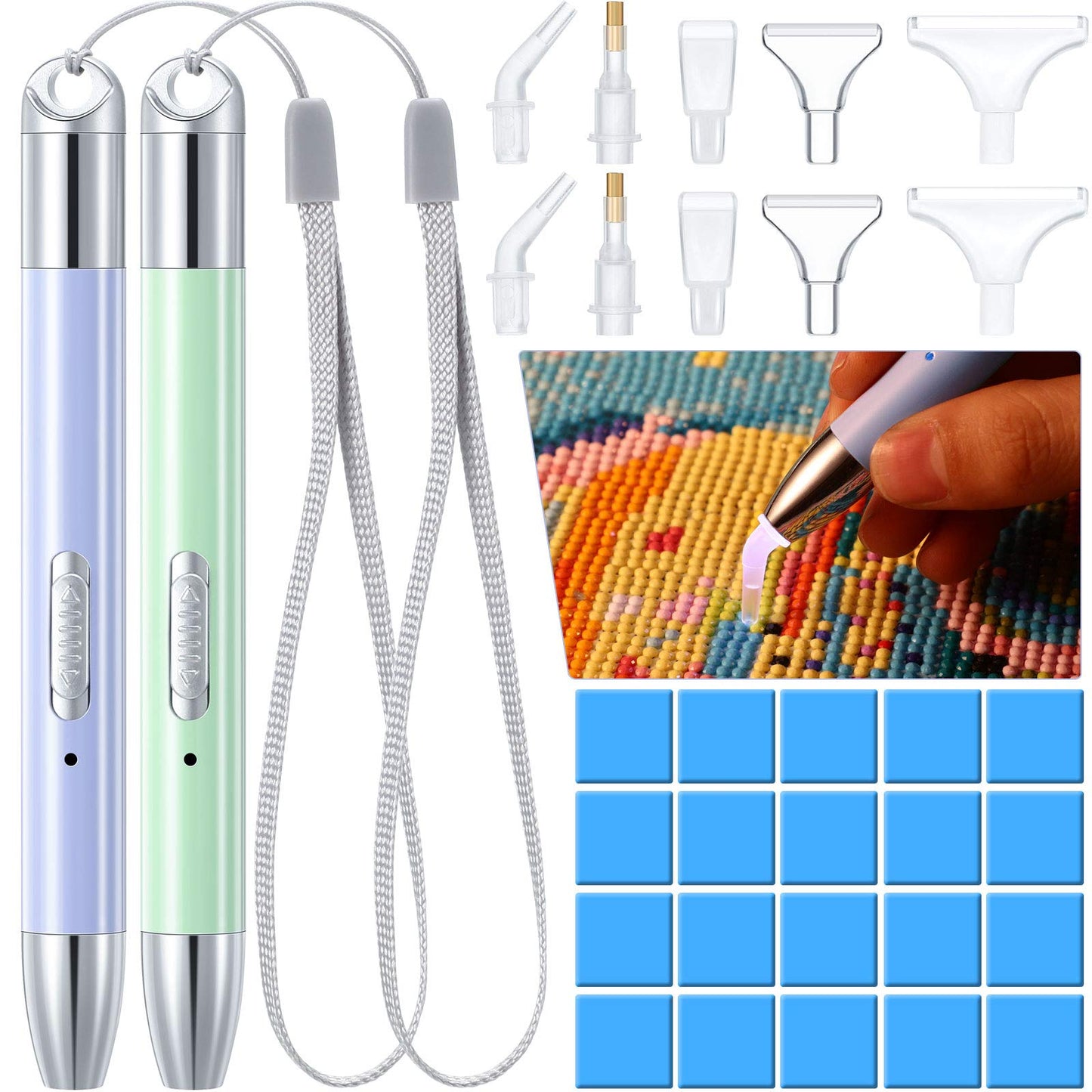 Zonon 2 Pieces LED Diamond Painting Pen 5d USB Rechargeable Lighting Point Drill Pen with 10 Head and 20 Glue Clay for DIY Handicraft(Green, Purple)