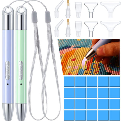 Zonon 2 Pieces LED Diamond Painting Pen 5d USB Rechargeable Lighting Point Drill Pen with 10 Head and 20 Glue Clay for DIY Handicraft(Green, Purple)