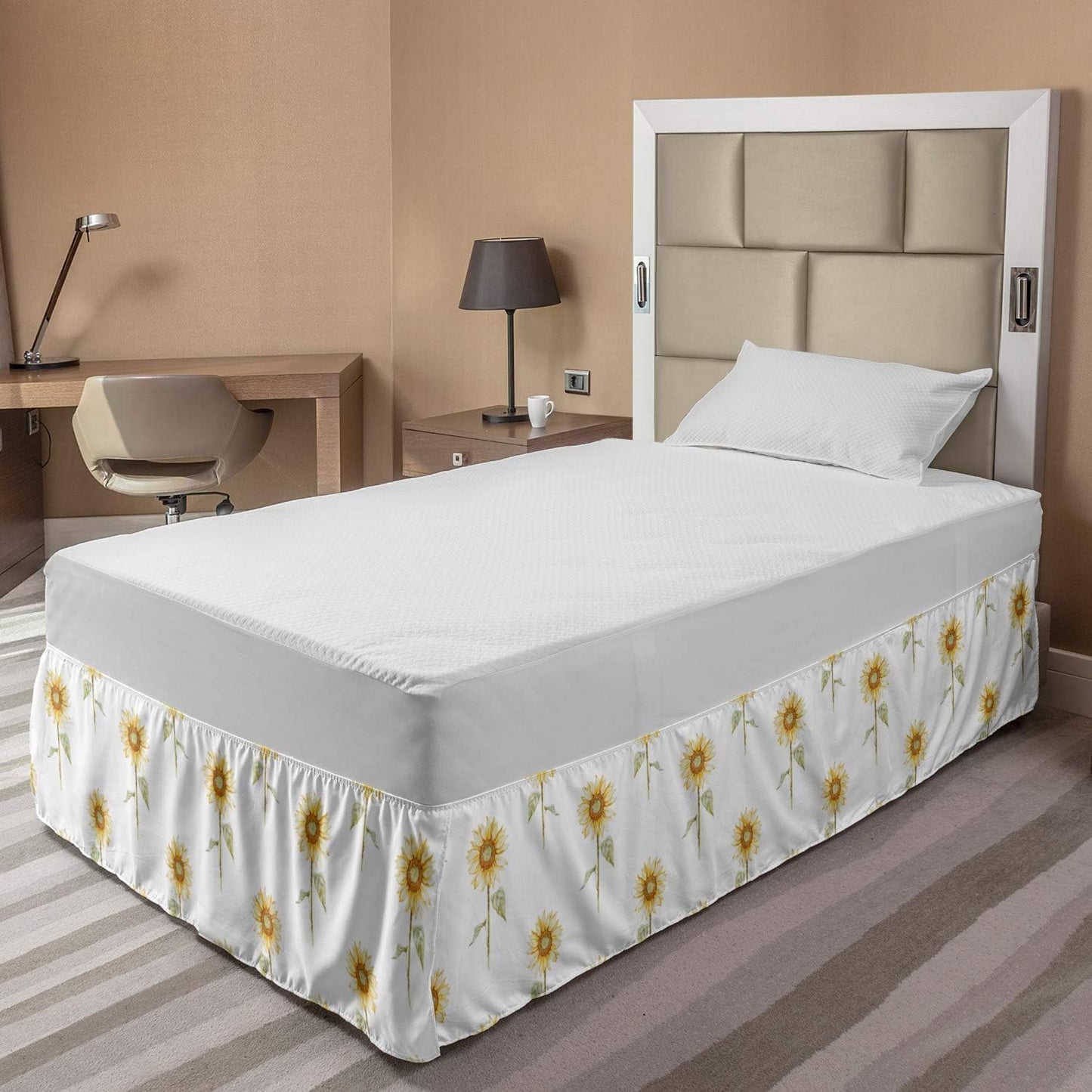 Lunarable Sunflower Bedskirt, Hand Drawn Floral Watercolor Pattern, Elastic Gathered Design, Full, Green Ginger