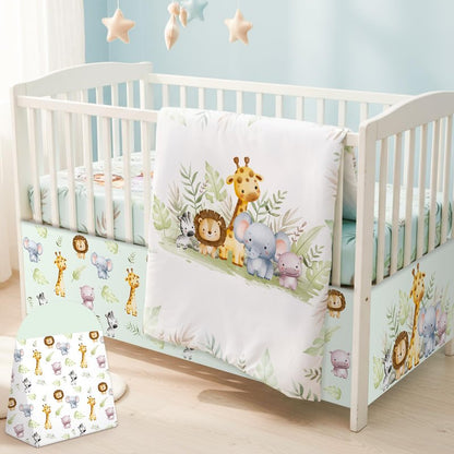 Hahafelt 4 Pieces Baby Crib Bedding Set for Girls and Boys, Soft Baby Bedding Set Including Crib Skirt, Comforter, Sheet and Diaper Stacker for Nursery (Wildlife Theme)